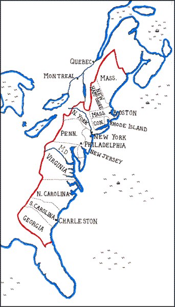 map of 13 original colonies labeled. 13 original colonies map